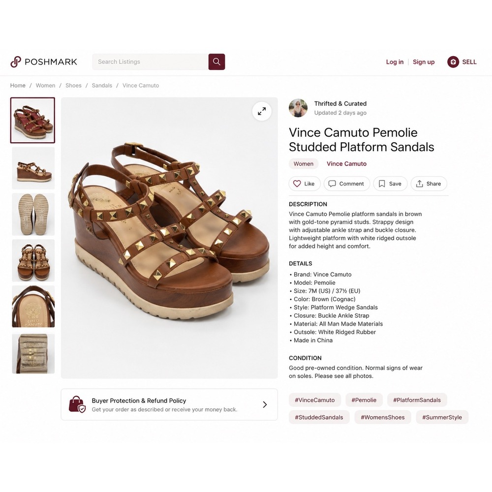Vince Camuto Pemolie Brown Studded Platform Gladiator Sandals Womens 7M 37.5